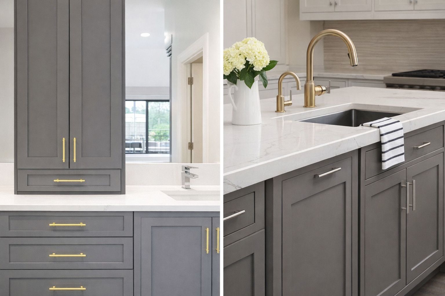 Harmaat keittiön kaapit kullanvärisillä ja hopeisilla vetimillä.