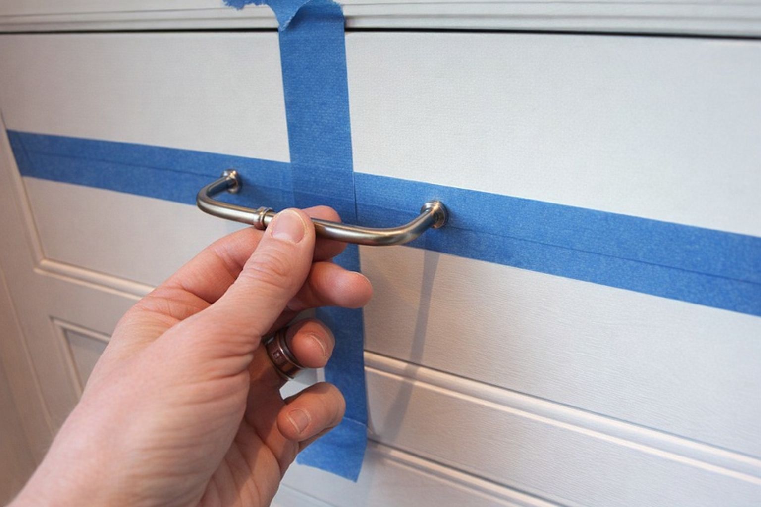 Uuden vetimen asentaminen valkoiseen kaapin oveen maalarinteipin avulla.