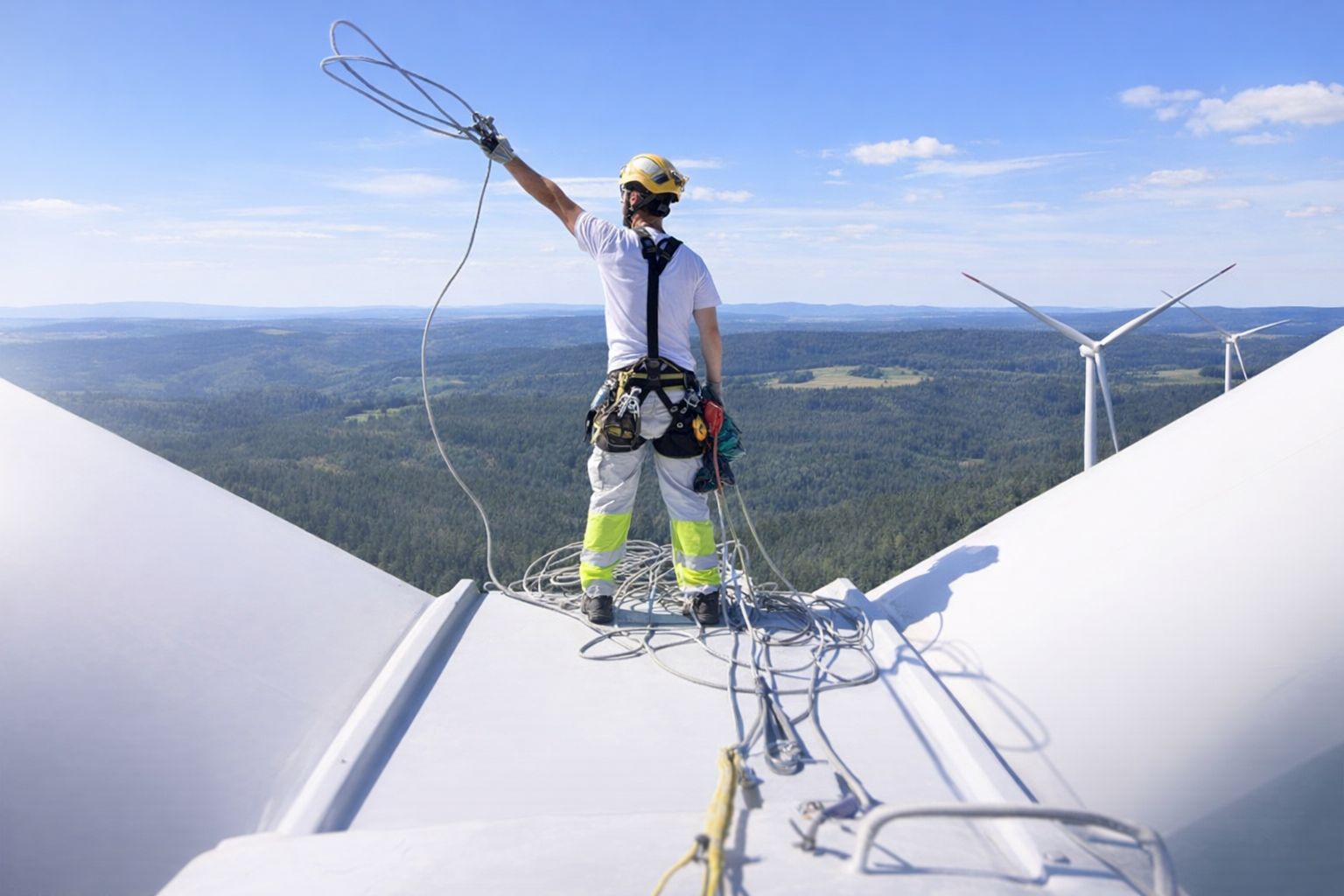 Huoltotyöntekijä tuulivoimalan huipulla tarkastelemassa maisemaa.
